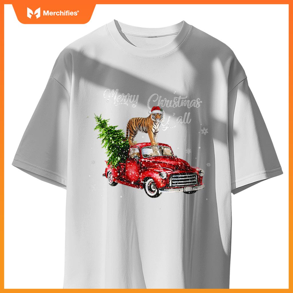 Santa Tiger Ride Red Truck Ugly Sweater Christmas Pajama Boy T-Shirt