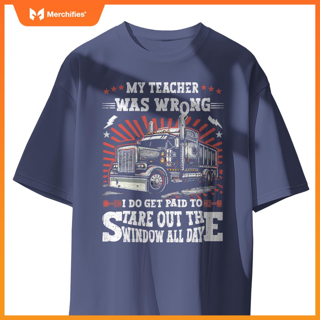 Semi Truck Driver Trucker Humor Men Dad American Flag T-Shirt
