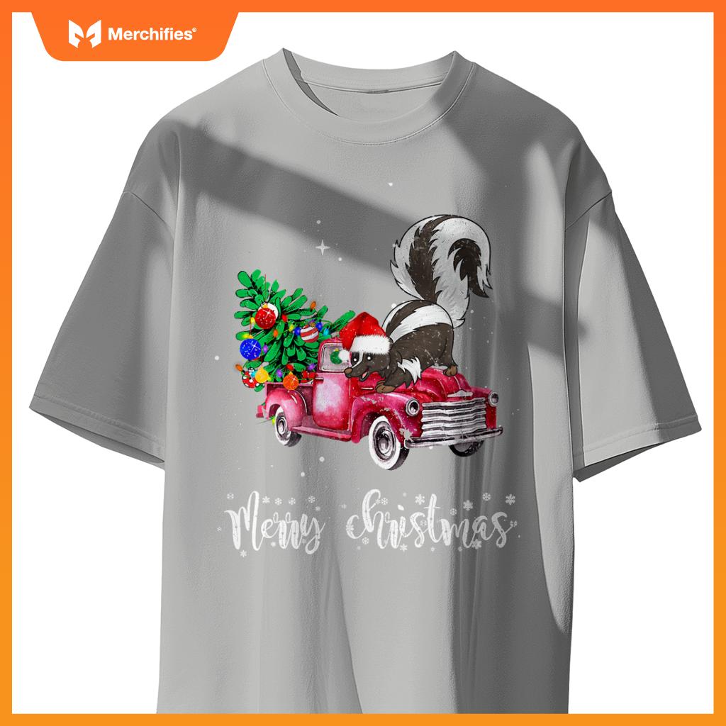 Skunk Christmas Ride Red Truck T-Shirt