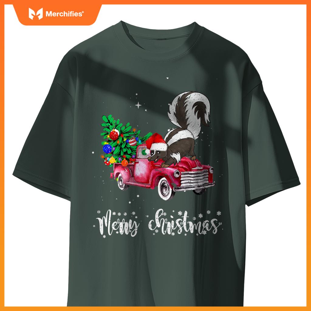 Skunk Christmas Ride Red Truck T-Shirt