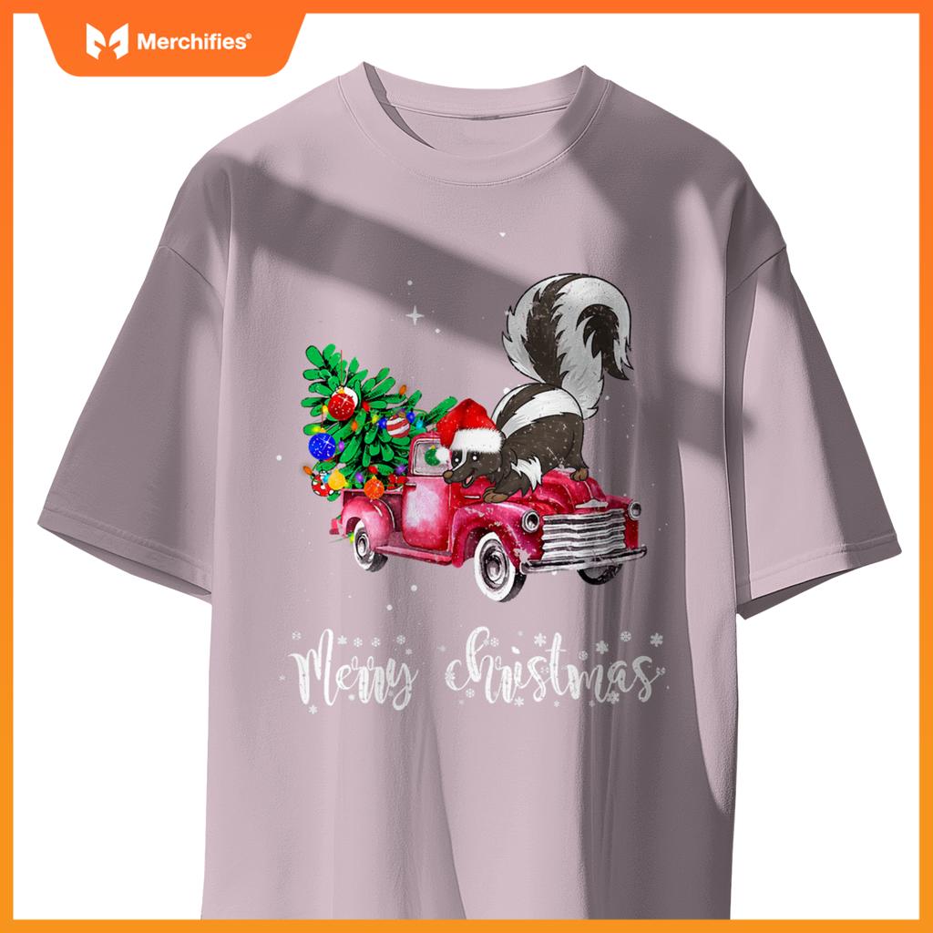 Skunk Christmas Ride Red Truck T-Shirt