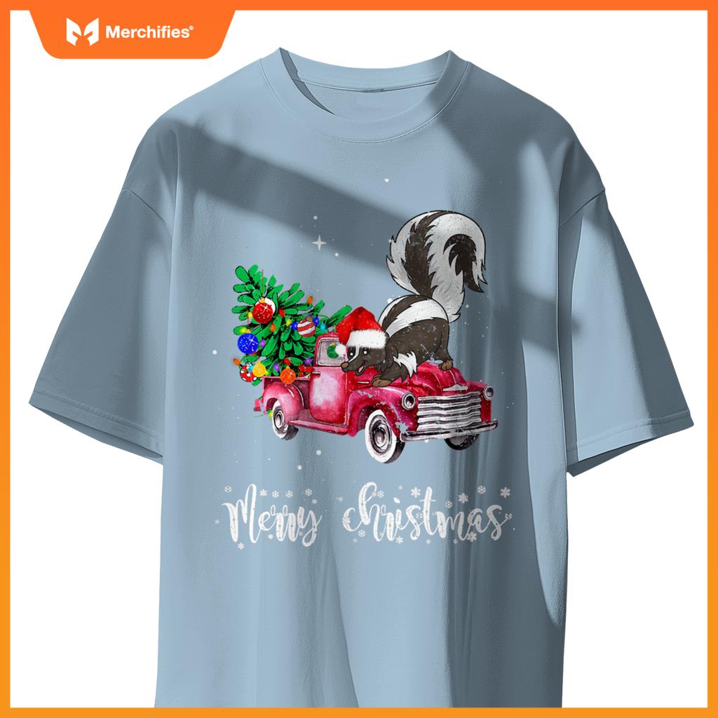 Skunk Christmas Ride Red Truck T-Shirt