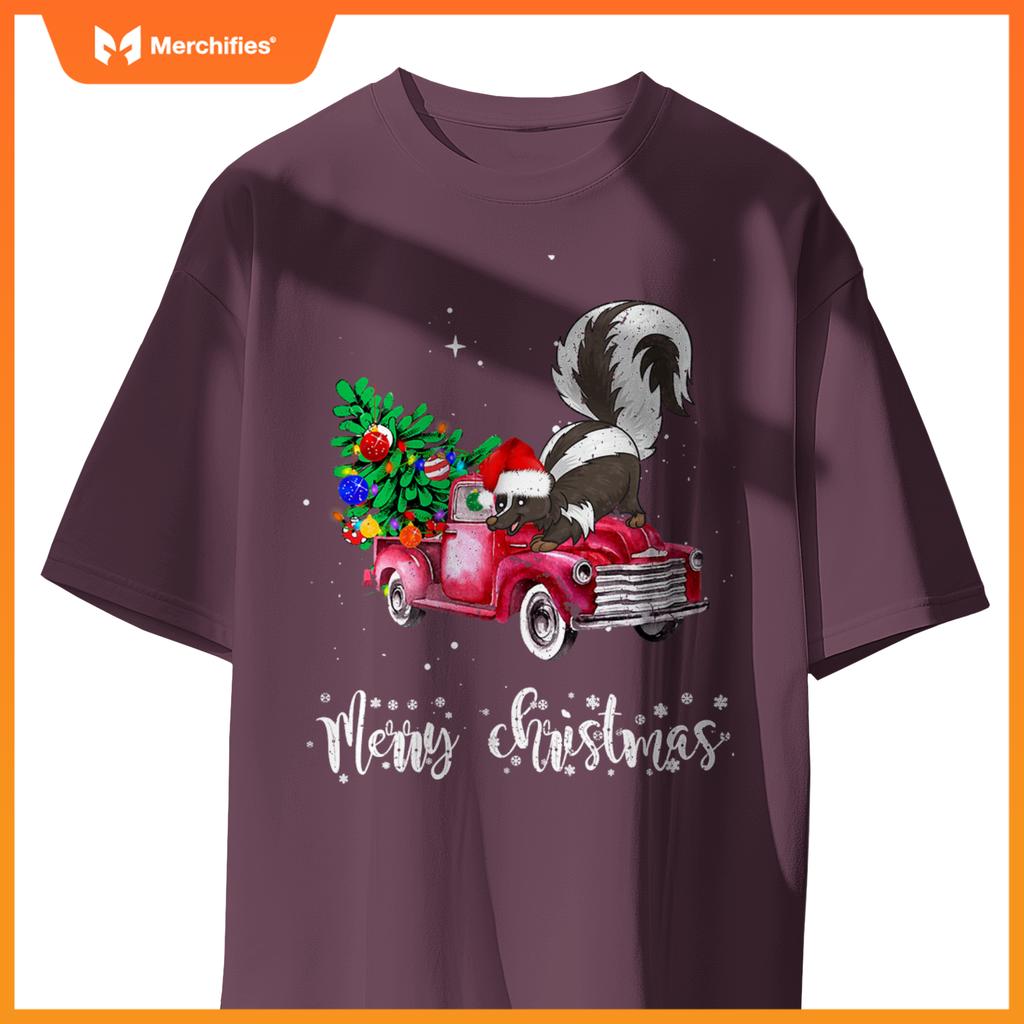 Skunk Christmas Ride Red Truck T-Shirt