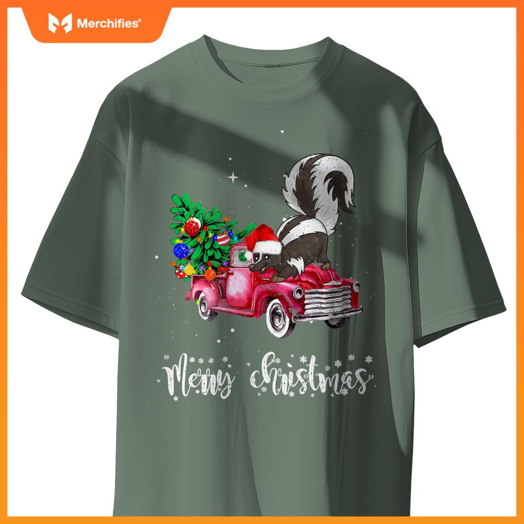Skunk Christmas Ride Red Truck T-Shirt