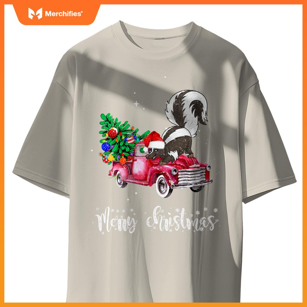 Skunk Christmas Ride Red Truck T-Shirt