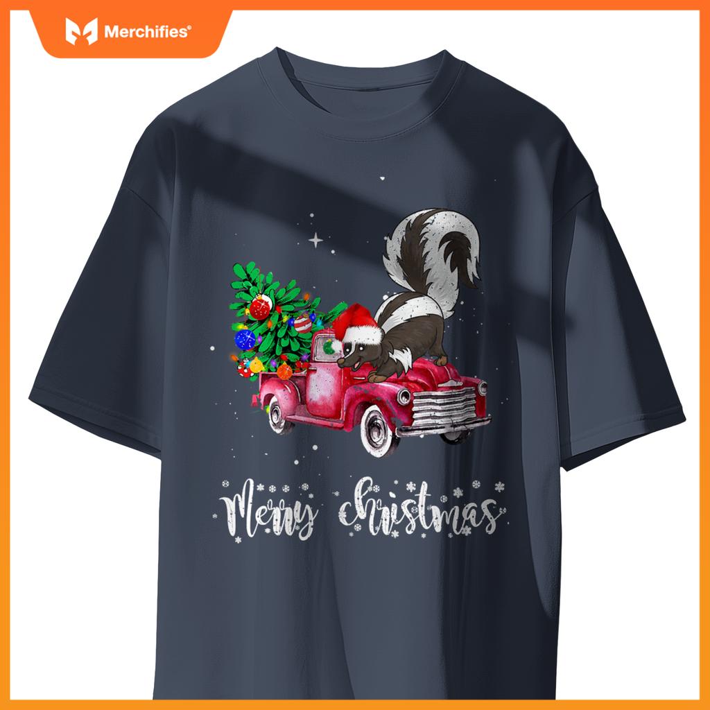 Skunk Christmas Ride Red Truck T-Shirt