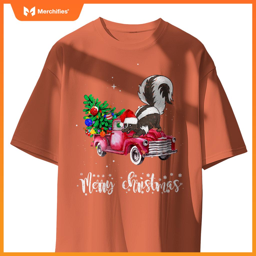 Skunk Christmas Ride Red Truck T-Shirt