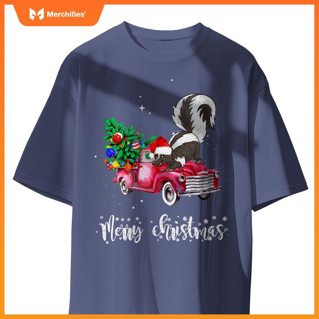 Skunk Christmas Ride Red Truck T-Shirt