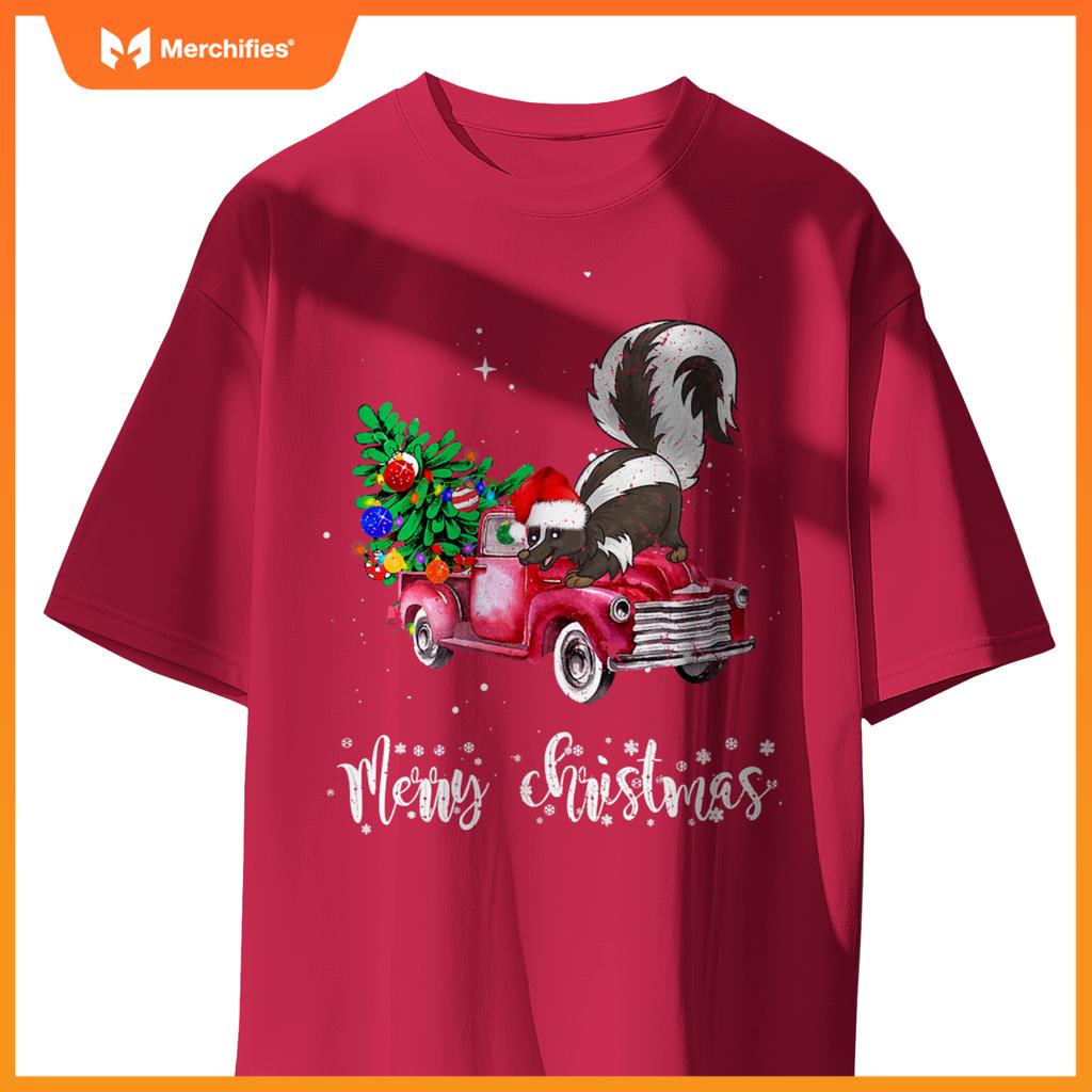 Skunk Christmas Ride Red Truck T-Shirt