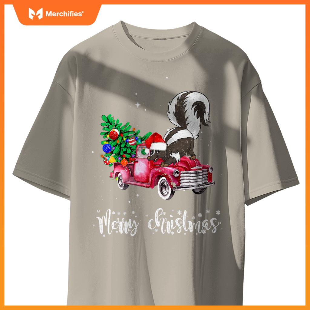 Skunk Christmas Ride Red Truck T-Shirt