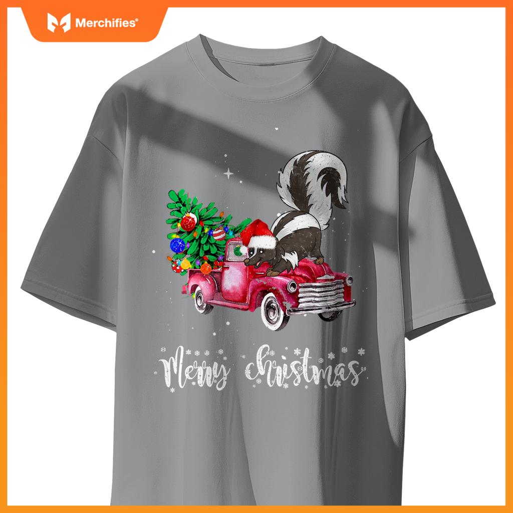 Skunk Christmas Ride Red Truck T-Shirt