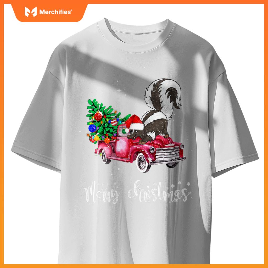 Skunk Christmas Ride Red Truck T-Shirt