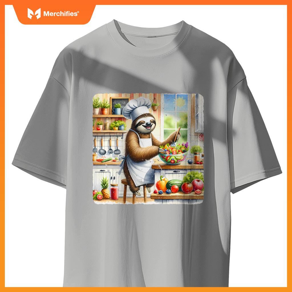 Sloth Cooks Lively Salad Chef Hat Apron Colorful Kitchen T-Shirt