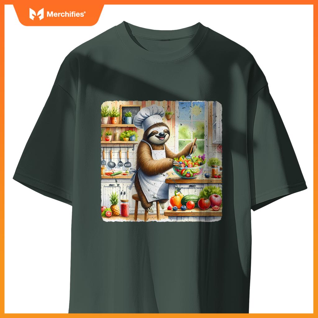 Sloth Cooks Lively Salad Chef Hat Apron Colorful Kitchen T-Shirt