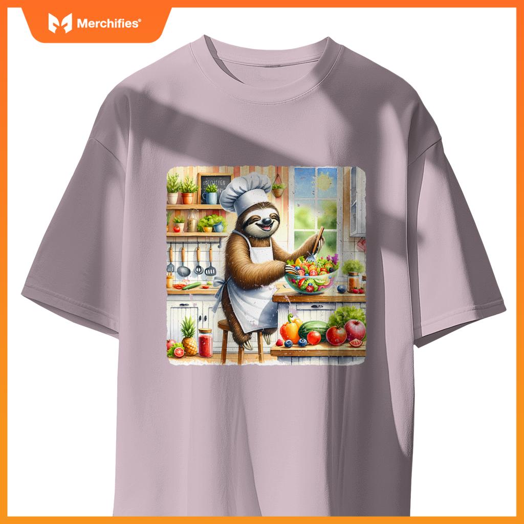 Sloth Cooks Lively Salad Chef Hat Apron Colorful Kitchen T-Shirt