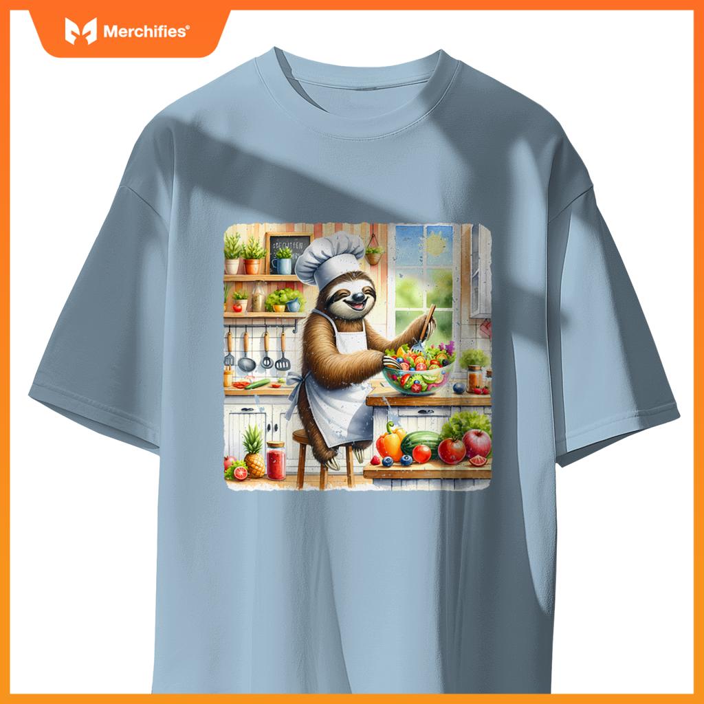 Sloth Cooks Lively Salad Chef Hat Apron Colorful Kitchen T-Shirt