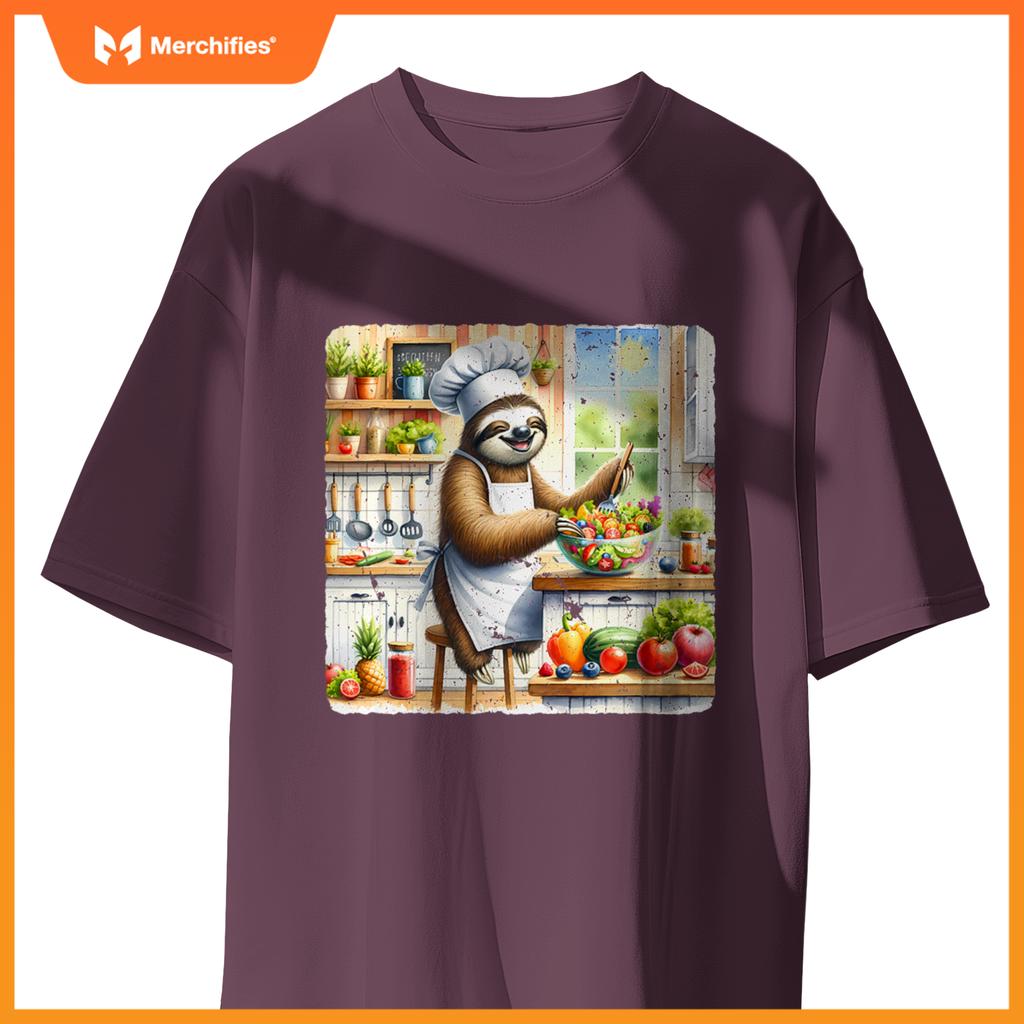 Sloth Cooks Lively Salad Chef Hat Apron Colorful Kitchen T-Shirt