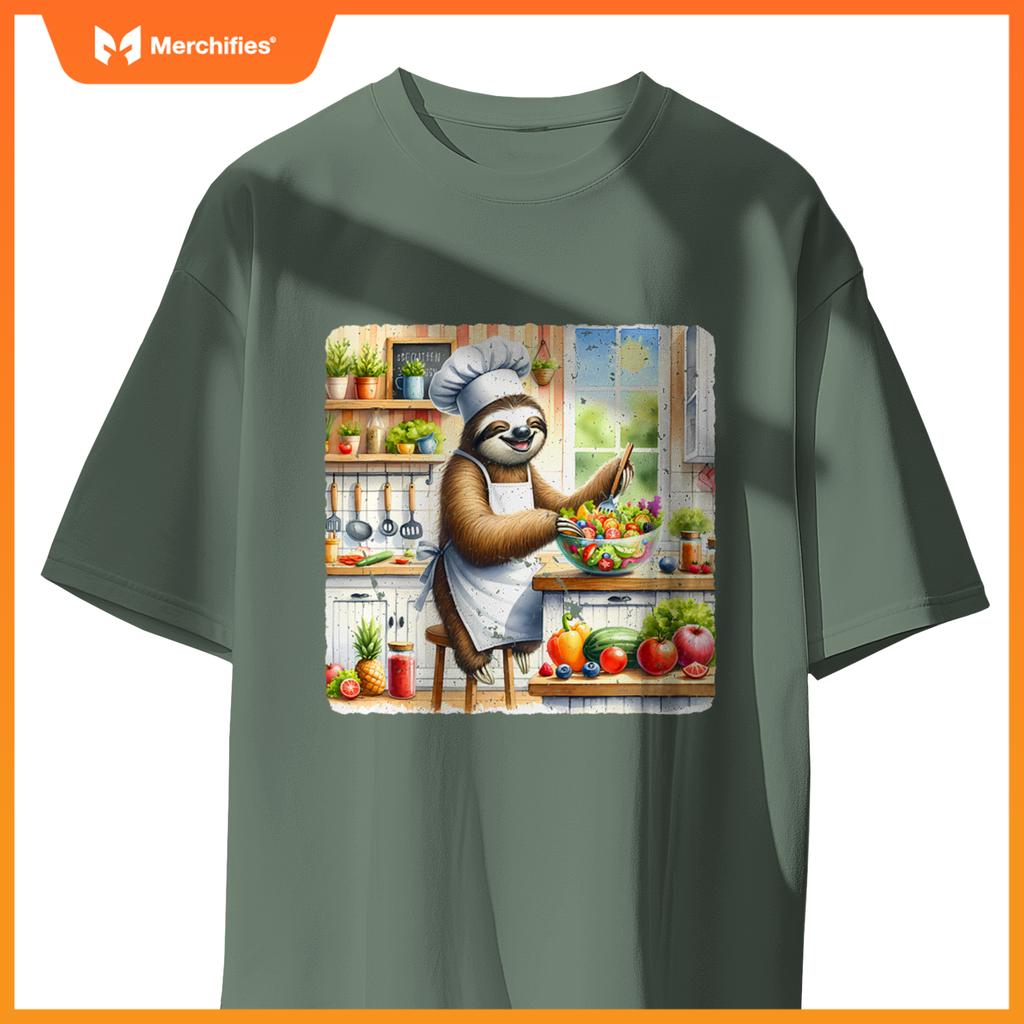 Sloth Cooks Lively Salad Chef Hat Apron Colorful Kitchen T-Shirt