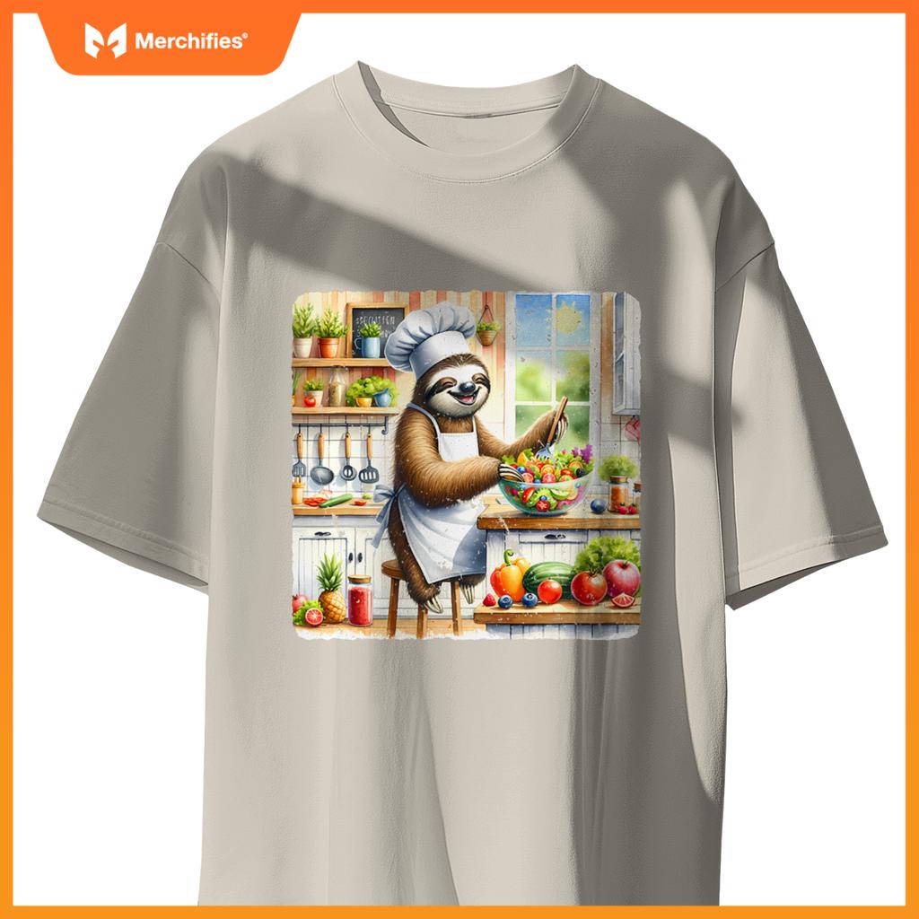 Sloth Cooks Lively Salad Chef Hat Apron Colorful Kitchen T-Shirt
