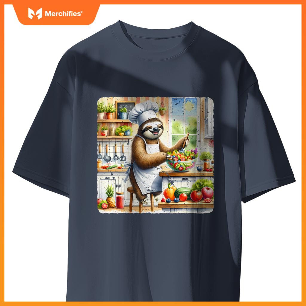 Sloth Cooks Lively Salad Chef Hat Apron Colorful Kitchen T-Shirt