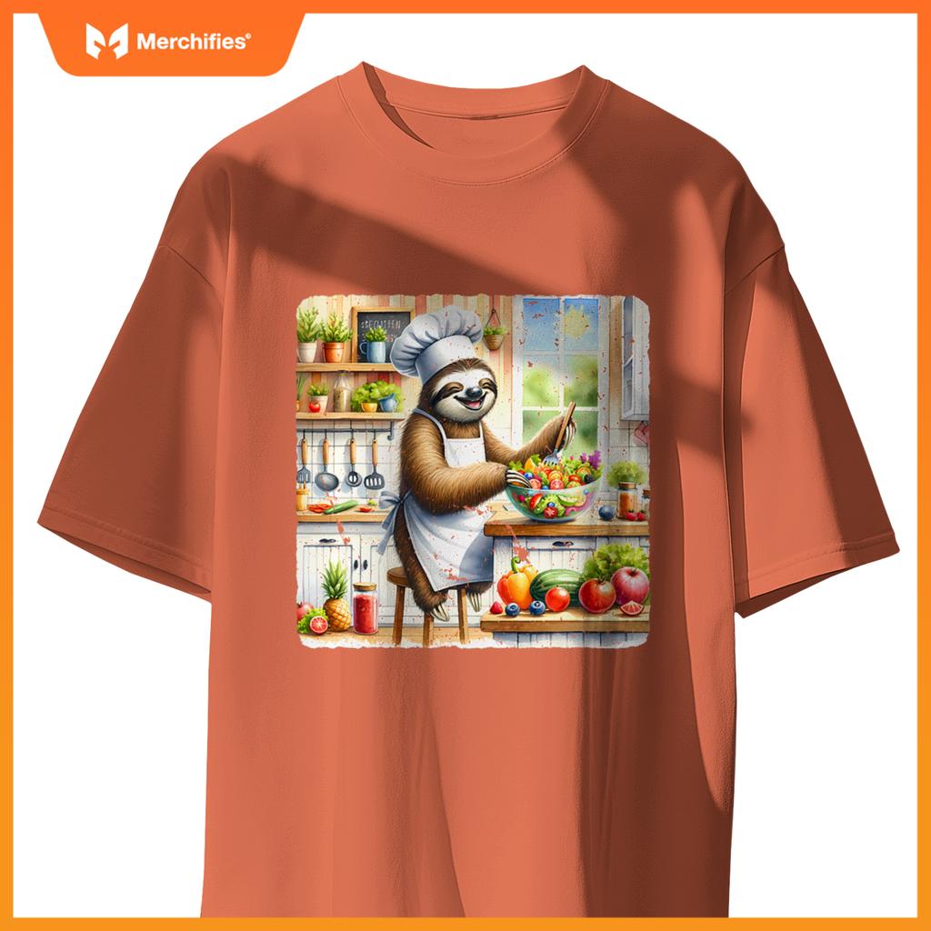Sloth Cooks Lively Salad Chef Hat Apron Colorful Kitchen T-Shirt