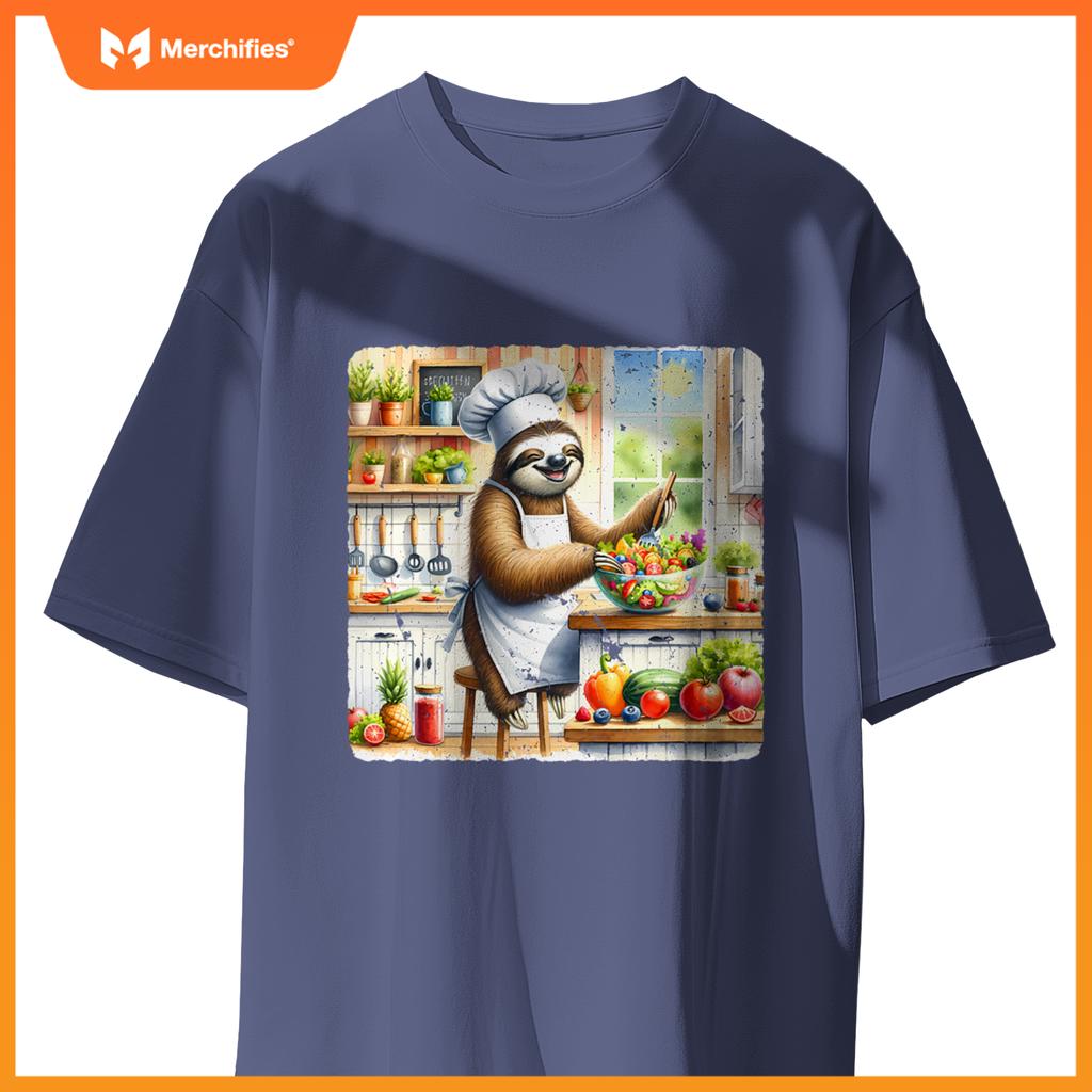 Sloth Cooks Lively Salad Chef Hat Apron Colorful Kitchen T-Shirt