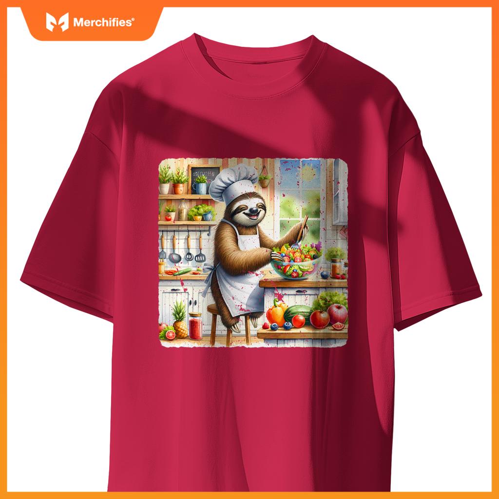 Sloth Cooks Lively Salad Chef Hat Apron Colorful Kitchen T-Shirt