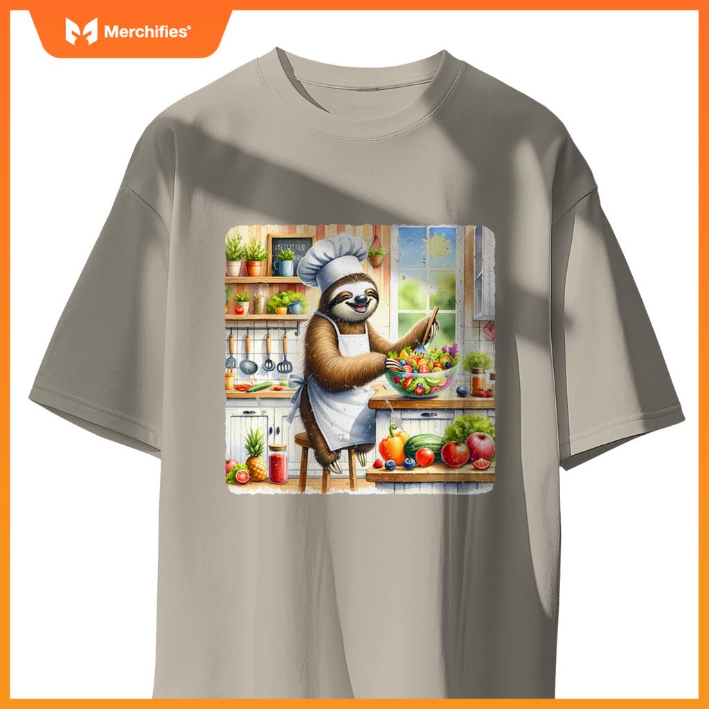 Sloth Cooks Lively Salad Chef Hat Apron Colorful Kitchen T-Shirt