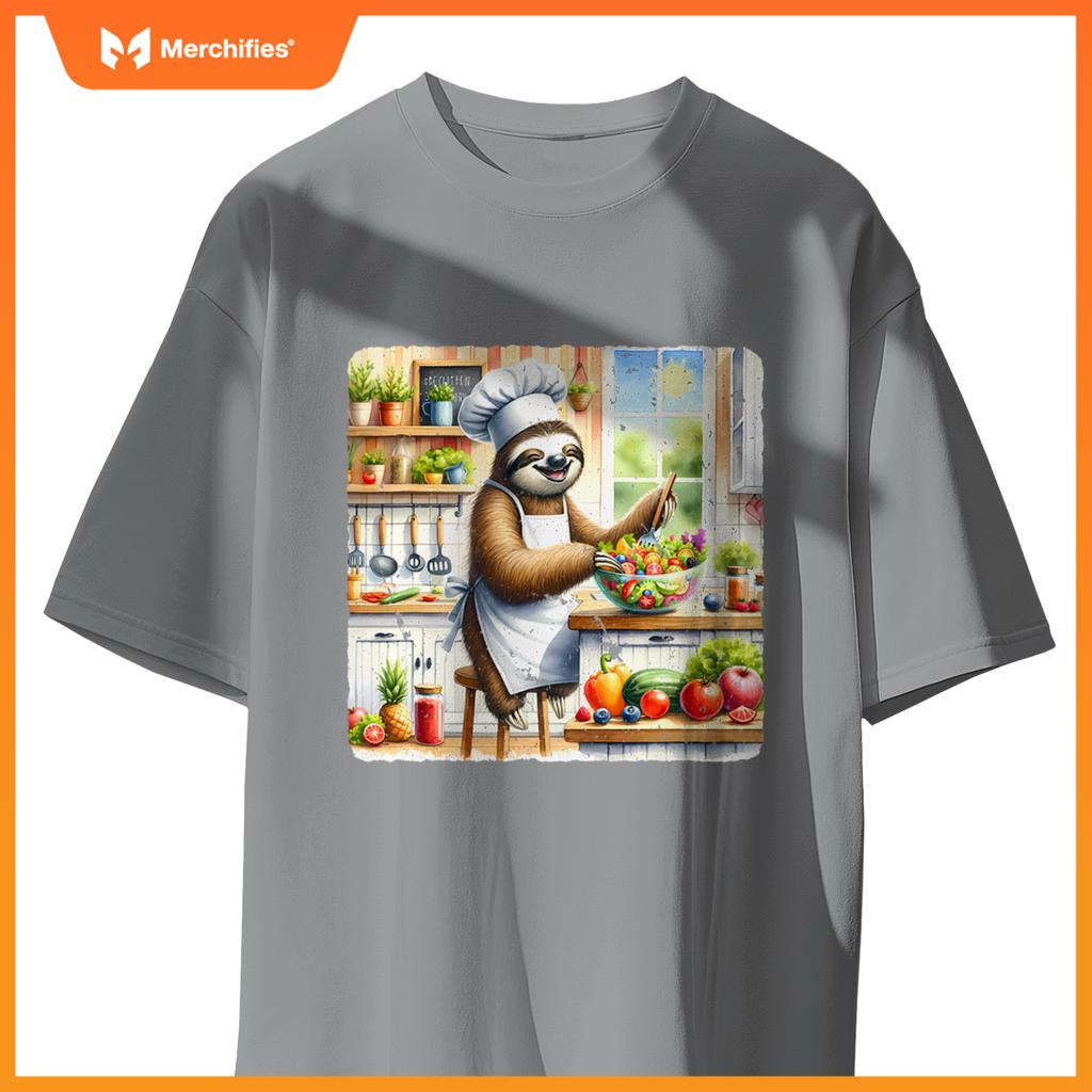 Sloth Cooks Lively Salad Chef Hat Apron Colorful Kitchen T-Shirt