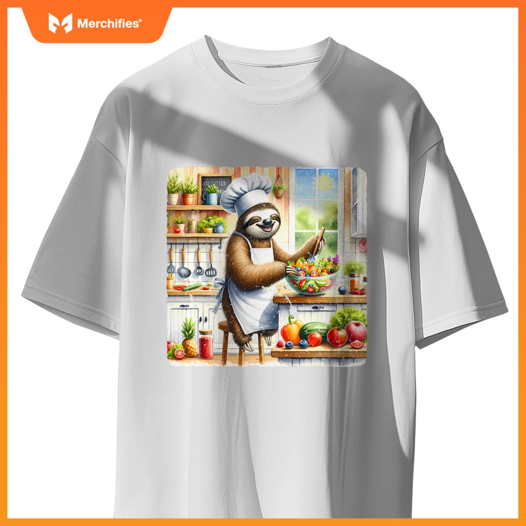 Sloth Cooks Lively Salad Chef Hat Apron Colorful Kitchen T-Shirt