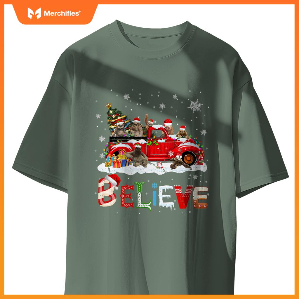 Sloth Riding Red Truck Christmas Tree Believe Santa T-Shirt