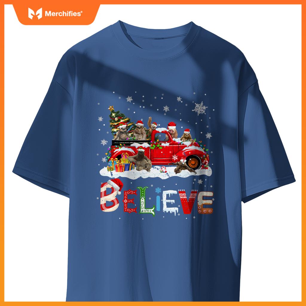 Sloth Riding Red Truck Christmas Tree Believe Santa T-Shirt