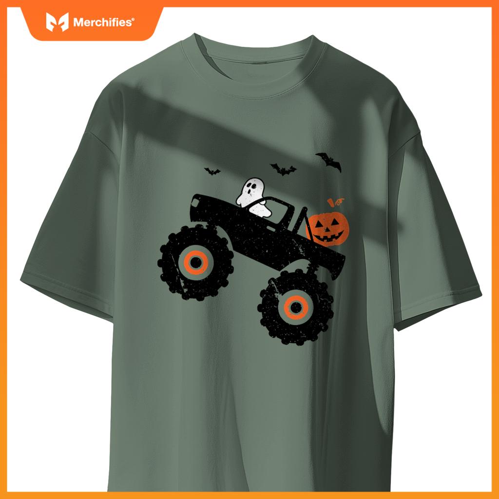 Spooky Ghost Bats Jack O Lantern Monster Truck Halloween T-Shirt
