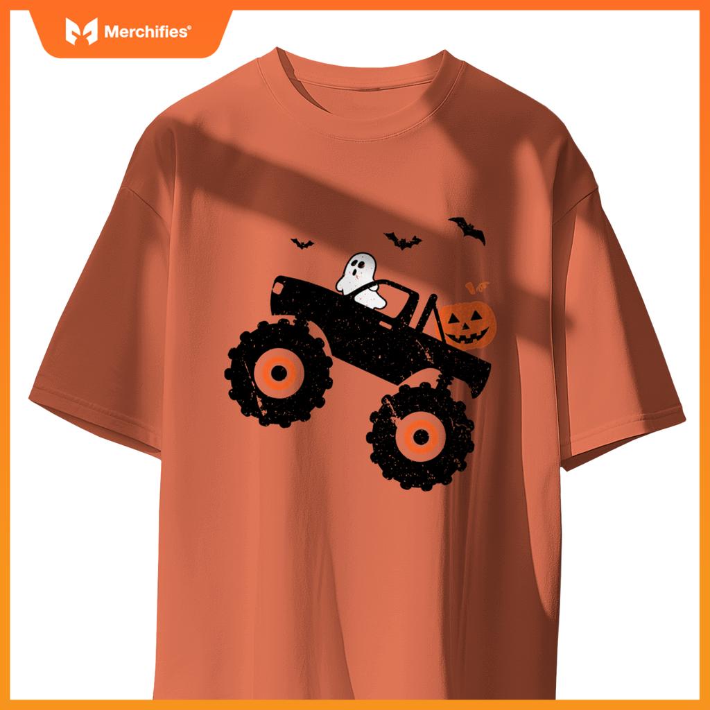 Spooky Ghost Bats Jack O Lantern Monster Truck Halloween T-Shirt