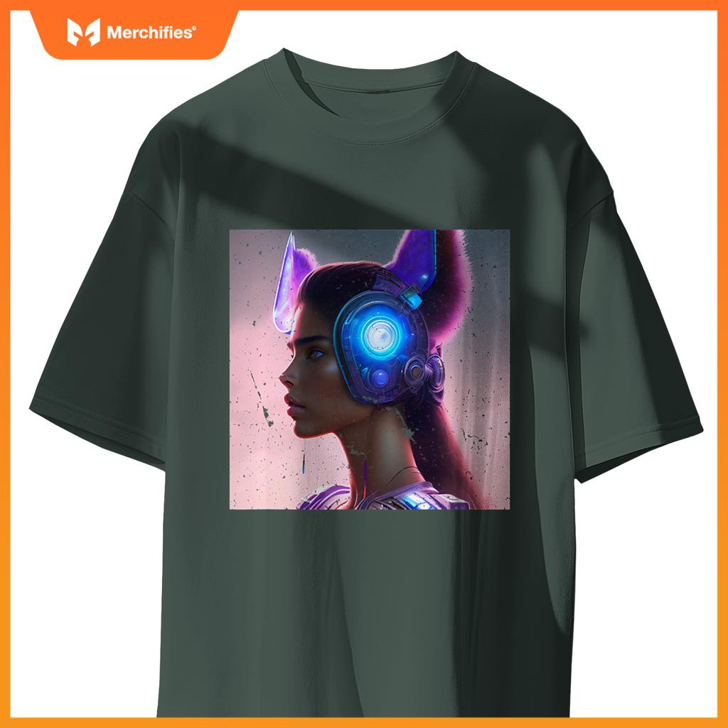 Sporty Chic Rebel Woman Cat Wolf Dog Ears Future Tech T-Shirt