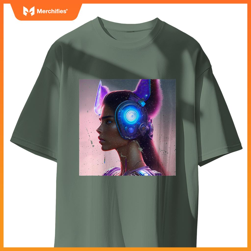 Sporty Chic Rebel Woman Cat Wolf Dog Ears Future Tech T-Shirt
