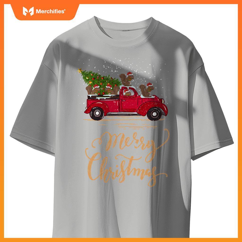 Squirrel Driving Christmas Tree Truck Squirrel Christmas T-Shirt