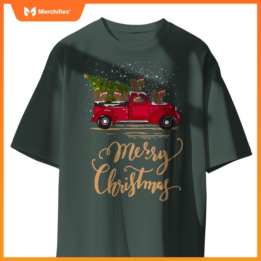 Squirrel Driving Christmas Tree Truck Squirrel Christmas T-Shirt
