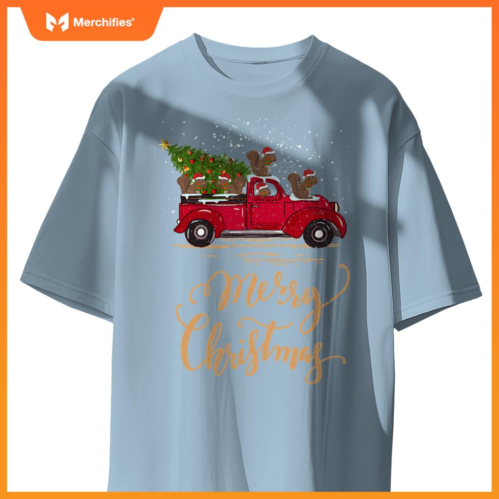 Squirrel Driving Christmas Tree Truck Squirrel Christmas T-Shirt