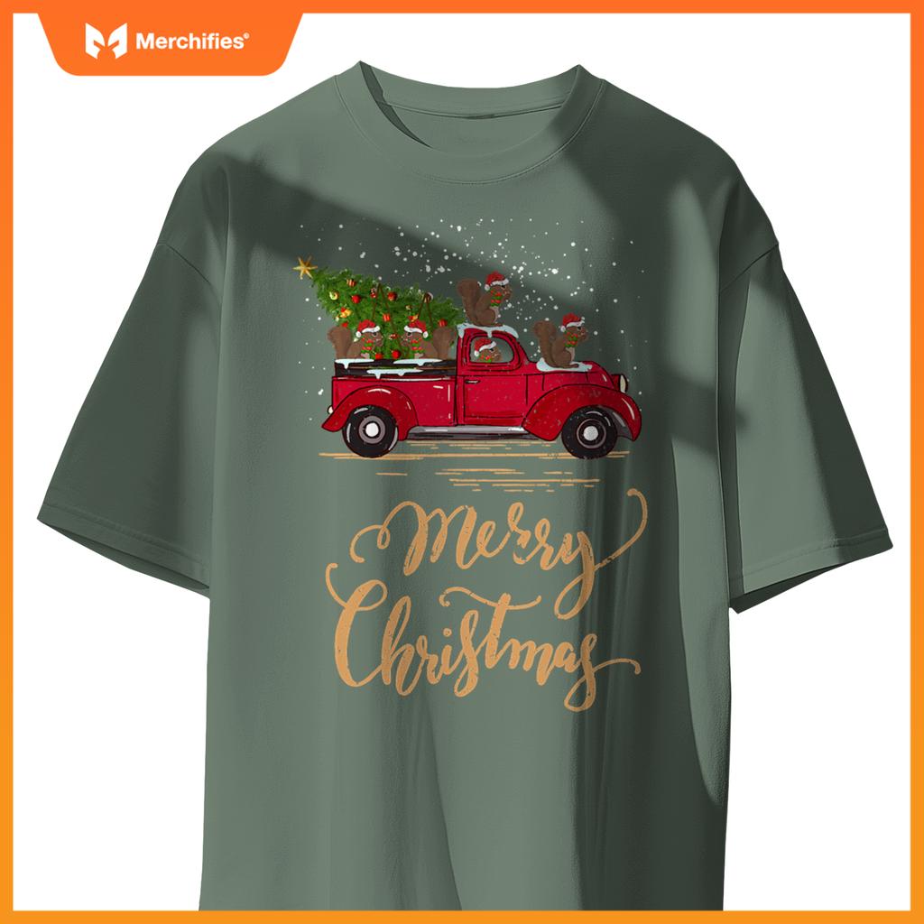 Squirrel Driving Christmas Tree Truck Squirrel Christmas T-Shirt