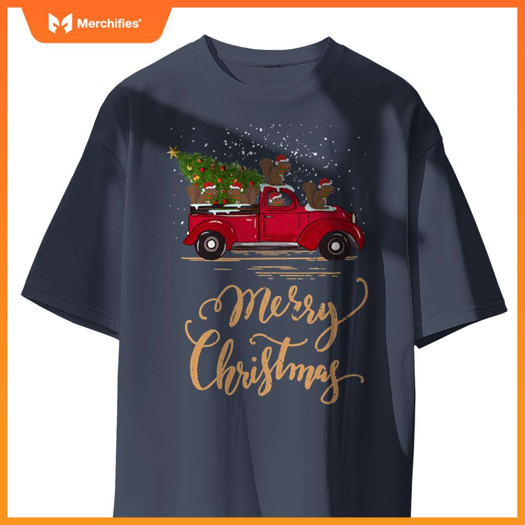 Squirrel Driving Christmas Tree Truck Squirrel Christmas T-Shirt