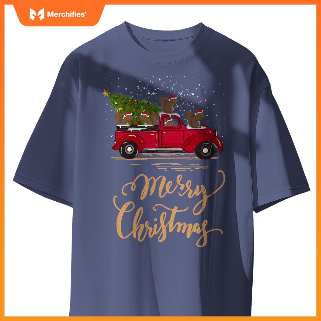 Squirrel Driving Christmas Tree Truck Squirrel Christmas T-Shirt