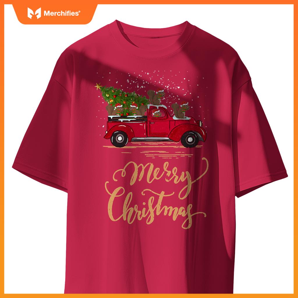 Squirrel Driving Christmas Tree Truck Squirrel Christmas T-Shirt