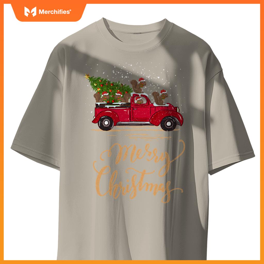 Squirrel Driving Christmas Tree Truck Squirrel Christmas T-Shirt