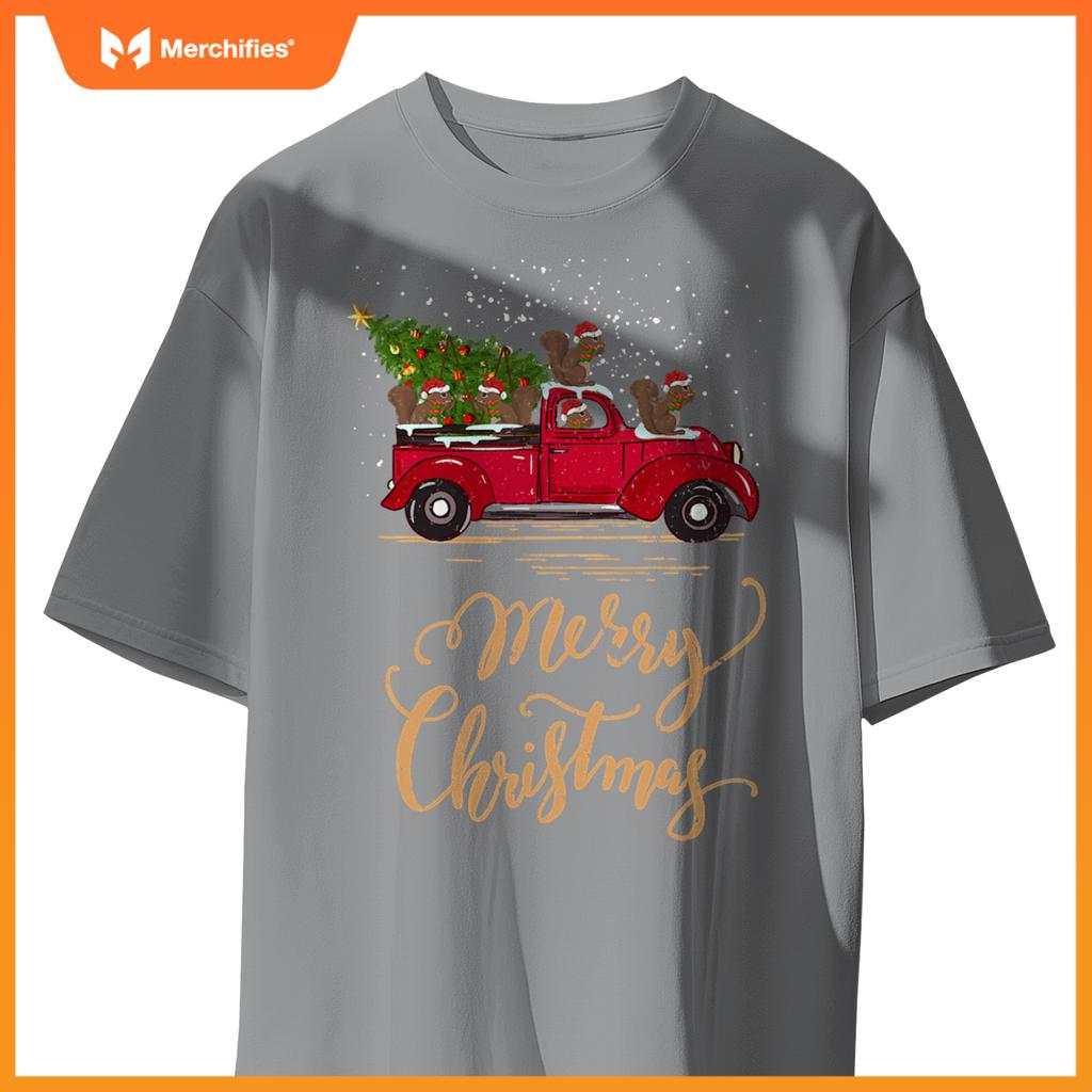 Squirrel Driving Christmas Tree Truck Squirrel Christmas T-Shirt