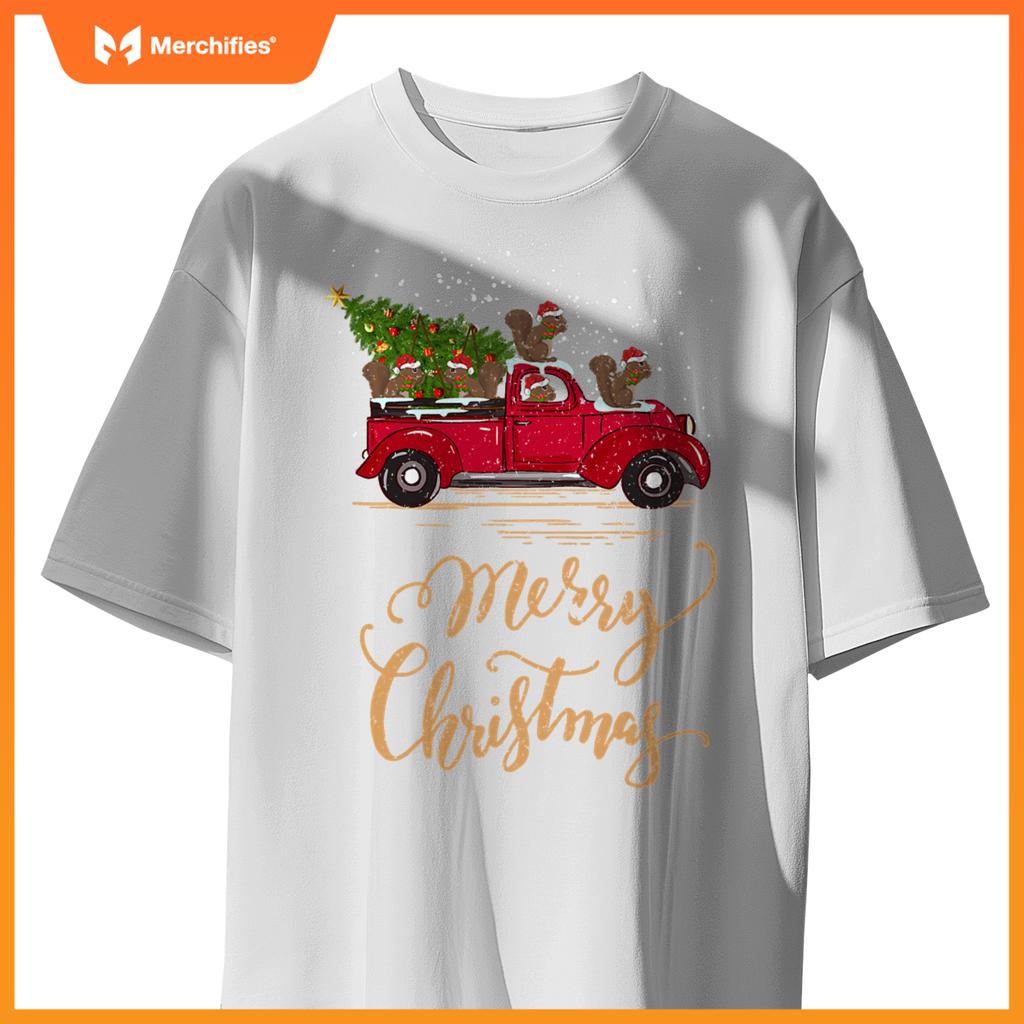Squirrel Driving Christmas Tree Truck Squirrel Christmas T-Shirt