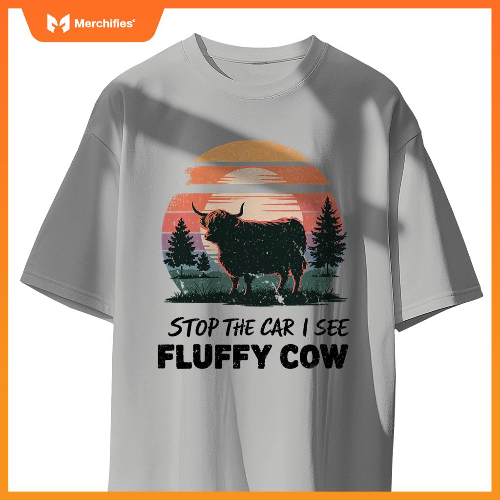 Stop  Car See Fluffy Cow Highland Cow Farm Sunset Nature T-Shirt