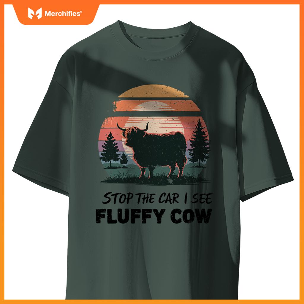 Stop  Car See Fluffy Cow Highland Cow Farm Sunset Nature T-Shirt