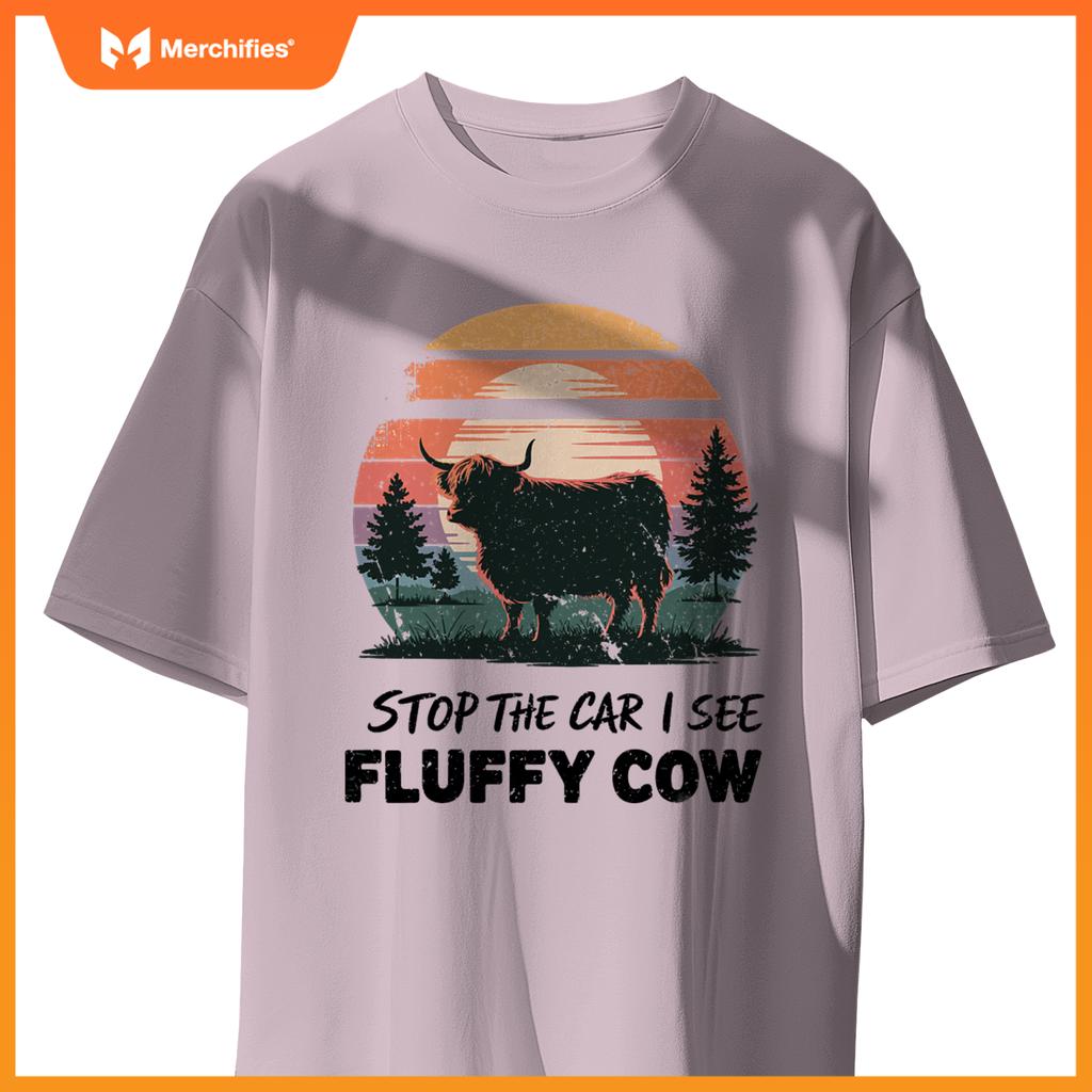 Stop  Car See Fluffy Cow Highland Cow Farm Sunset Nature T-Shirt