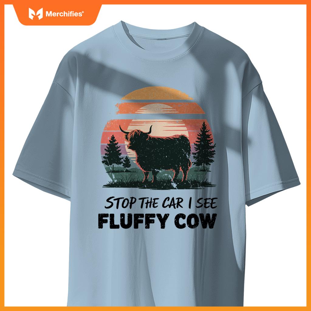Stop  Car See Fluffy Cow Highland Cow Farm Sunset Nature T-Shirt